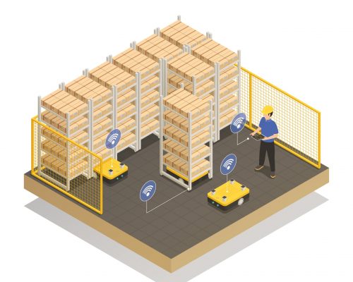 Smart Industry Robots Isometric Composition Smart industry machine intelligence in manufacturing storage unit isometric composition with computer controlled robotic trolley vector illustration